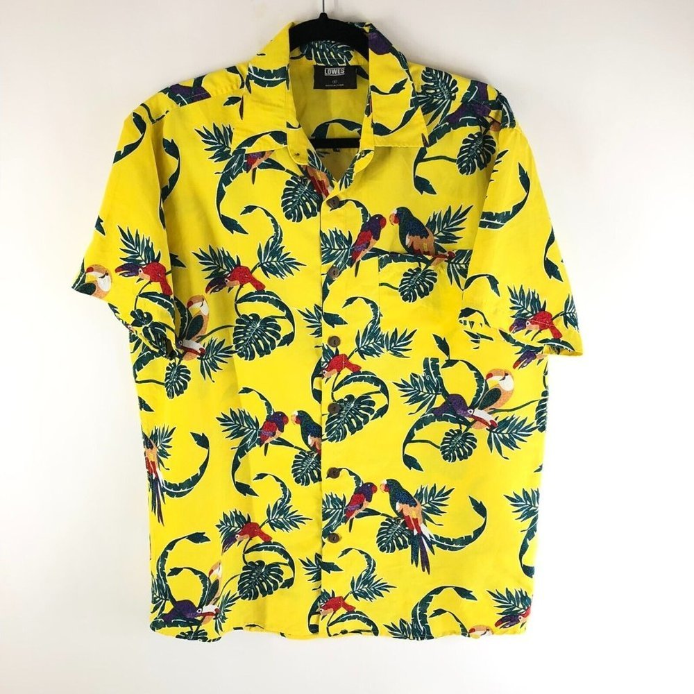 Lowes Mens Button Down Shirt Tropical Birds Palm Hawaiian Yellow S